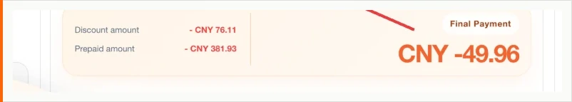 A cream settlement panel listing a discount amount and a prepaid amount as deductions in yuan, beside a heading reading Final Payment with a negative amount in yuan set in large orange type and a red pointer line drawn to it