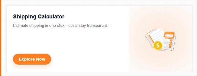 A white card headed Shipping Calculator with a line about estimating shipping in one click, a small illustration of a calculator, an invoice and a gold coin, and an orange Explore Now button