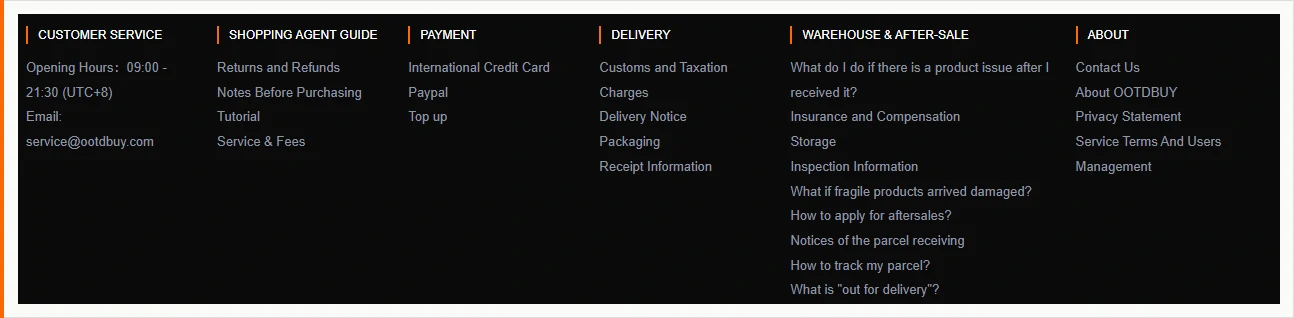 A black footer panel divided into six columns headed Customer Service with opening hours and an email address, Shopping Agent Guide, Payment, Delivery, Warehouse and After-sale, and About, each listing between three and nine links in small white type