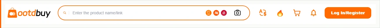 A website header with an orange bag logo reading ootdbuy, a wide rounded search box whose placeholder reads Enter the product name slash link, three small round platform badges and a camera button at the right end of the box, and an orange Log In slash Register button