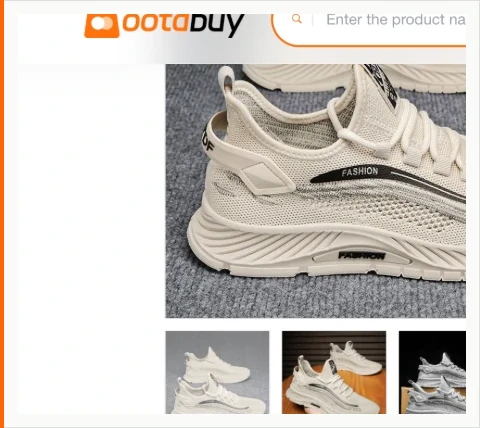 A product gallery on the operator site showing a beige knitted mesh trainer photographed on grey carpet, with three smaller alternate views below it on white, wooden and stacked backgrounds, under a header bar carrying the orange ootdbuy logo