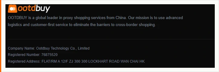 A black panel showing the ootdbuy logo above a short paragraph describing the company as a proxy shopping service, followed by three labelled lines giving a company name, a registered number and a registered address in Hong Kong