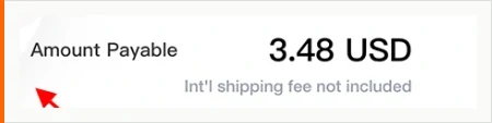 A summary row reading Amount Payable beside a total in US dollars, with a smaller grey line below stating that the international shipping fee is not included, and a red arrow pointing up at it