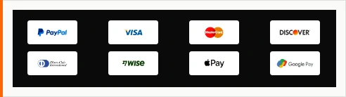 A black panel holding eight white tiles arranged in two rows, carrying the PayPal, Visa, MasterCard, Discover, Diners Club International, Wise, Apple Pay and Google Pay marks