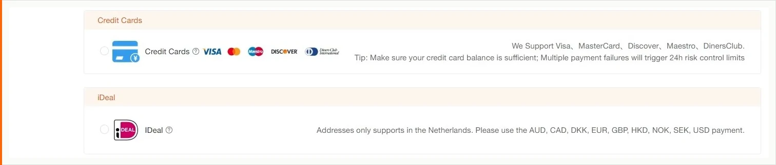 A checkout panel with a Credit Cards row showing Visa, MasterCard, Maestro, Discover and Diners Club logos beside a tip warning that multiple payment failures will trigger a twenty-four hour risk control limit, and an iDeal row stating that addresses are supported only in the Netherlands alongside a list of nine accepted currencies