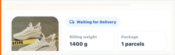 A shipment card showing a beige mesh trainer, a blue Waiting for Delivery badge with a lorry icon, a billing weight of 1400 g, and a package count reading 1 parcels