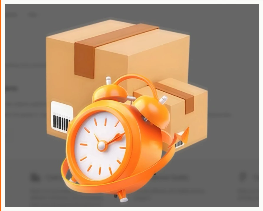 A three-dimensional illustration of a large orange alarm clock standing in front of two stacked cardboard parcels, one carrying a barcode label, over a dimmed page behind it