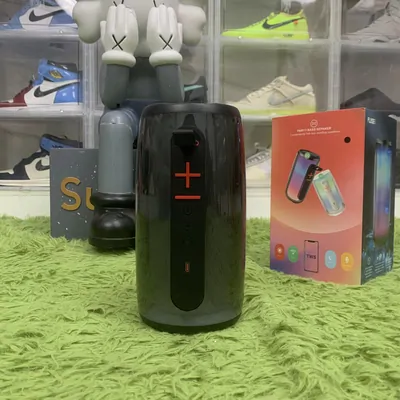 A black portable speaker standing on green turf in front of a shelf of shoe boxes and small collectible figures