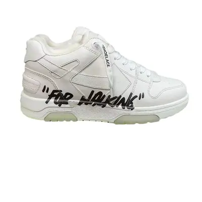 A single white low-top sneaker photographed from the side on a plain background, with the words For Walking hand-lettered across the panel